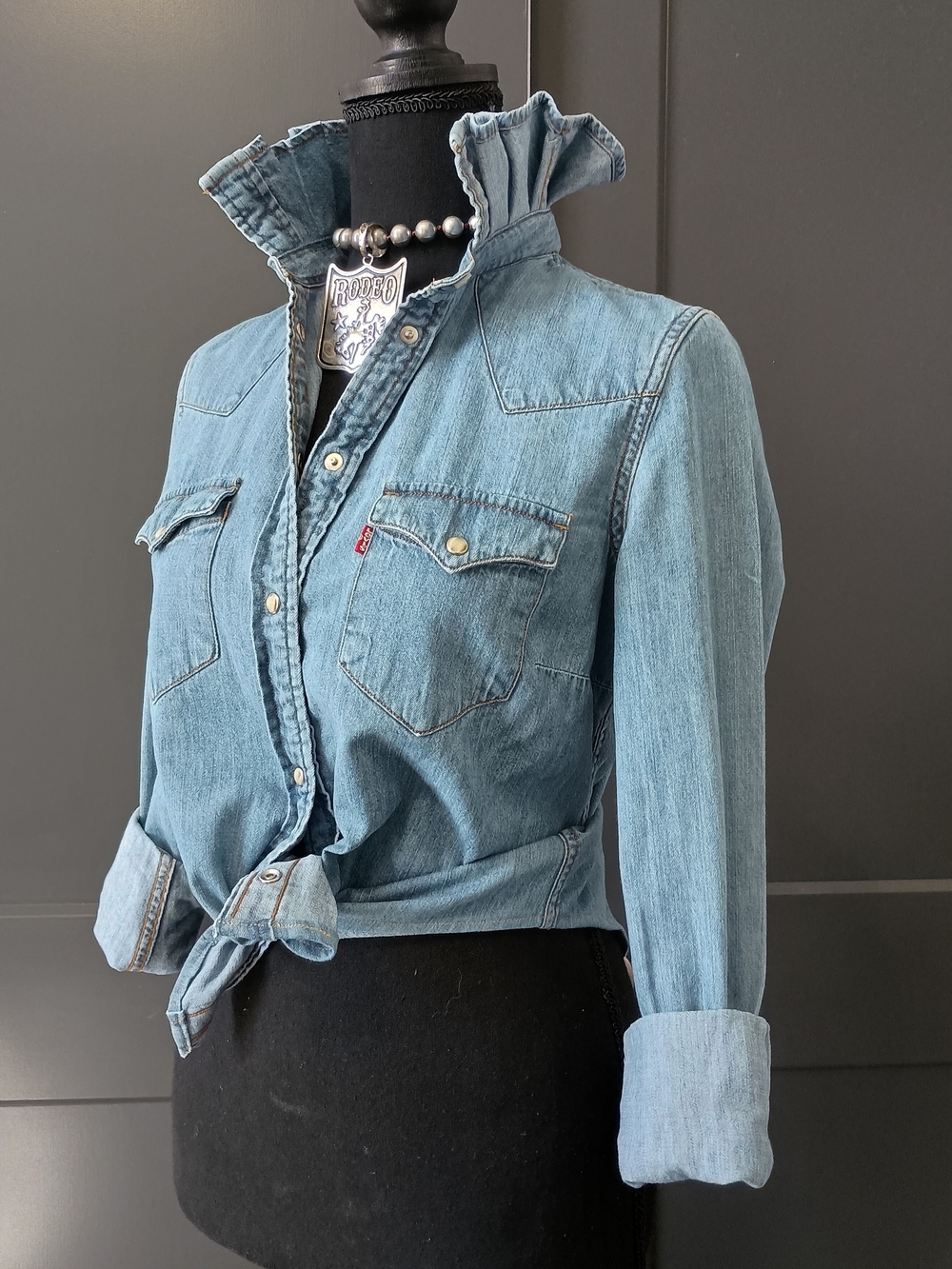 Upcycled Women's Levi's Ruffle Collar Denim Shirt #R4